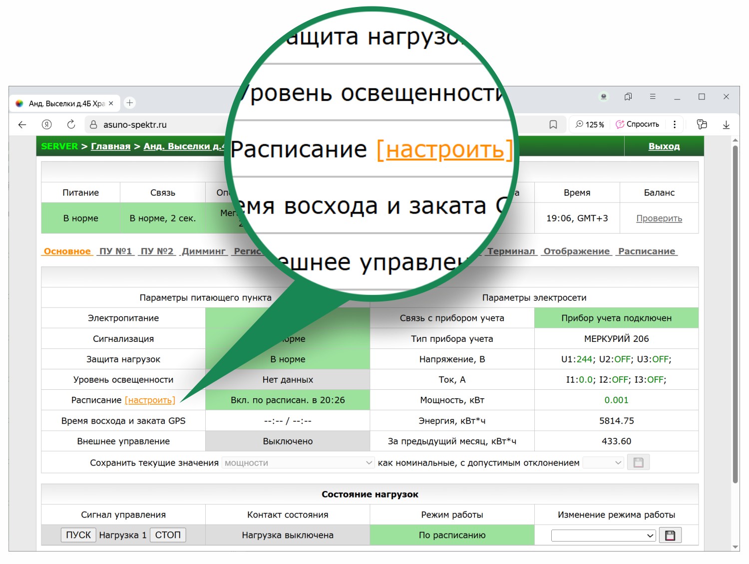 Страница выбранного шкафа в личном кабинете АСУНО СПЕКТР